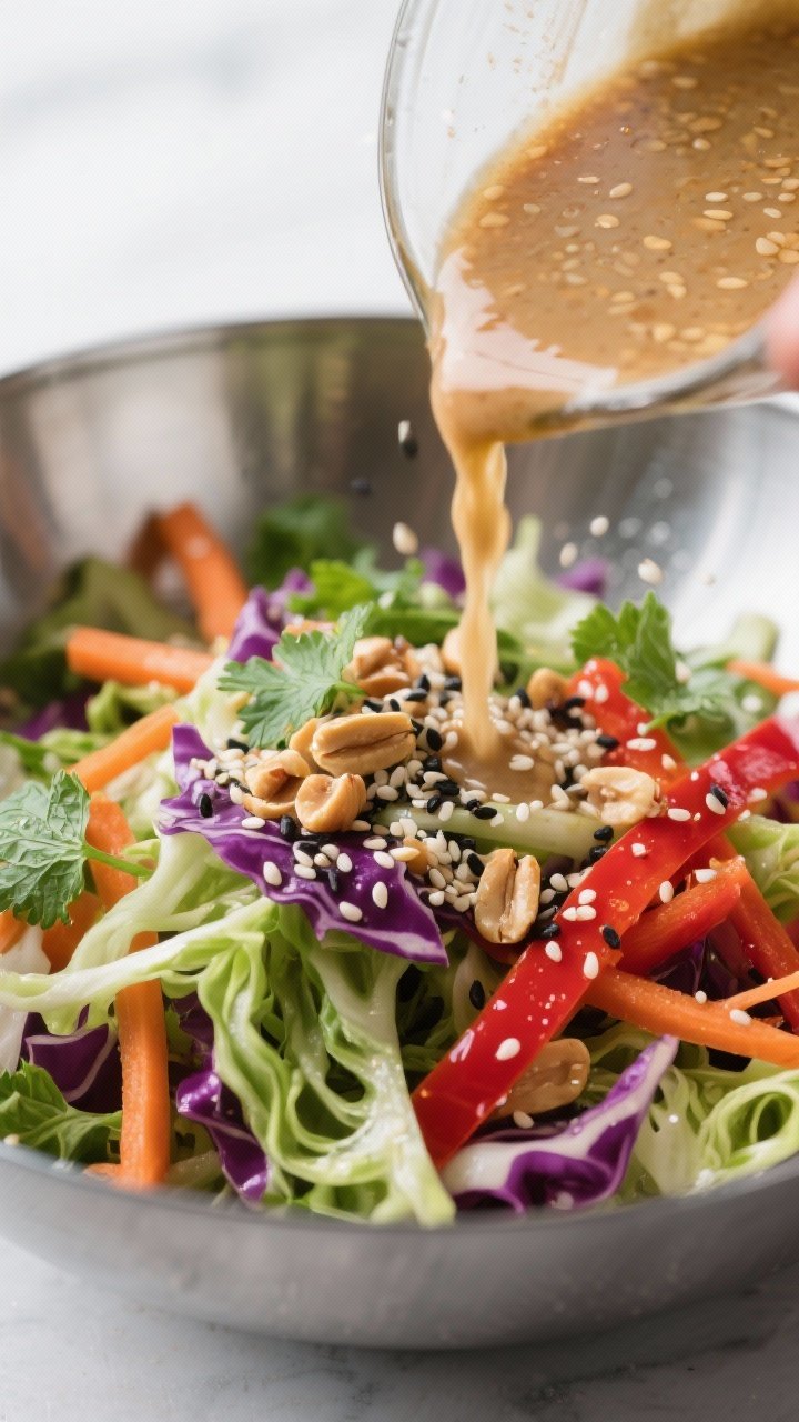 Close-up detail: Sesame cabbage salad mid-toss in a large stainless bowl, thin ribboned green and pu