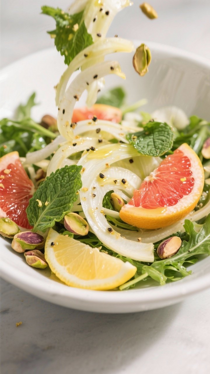 Close-up detail: Shaved fennel and baby arugula salad mid-toss, lightly coated in glossy lemon-Dijon
