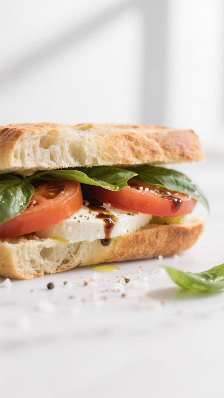 Close-up detail shot of a freshly assembled Caprese sandwich cross-section: layers of creamy fresh m