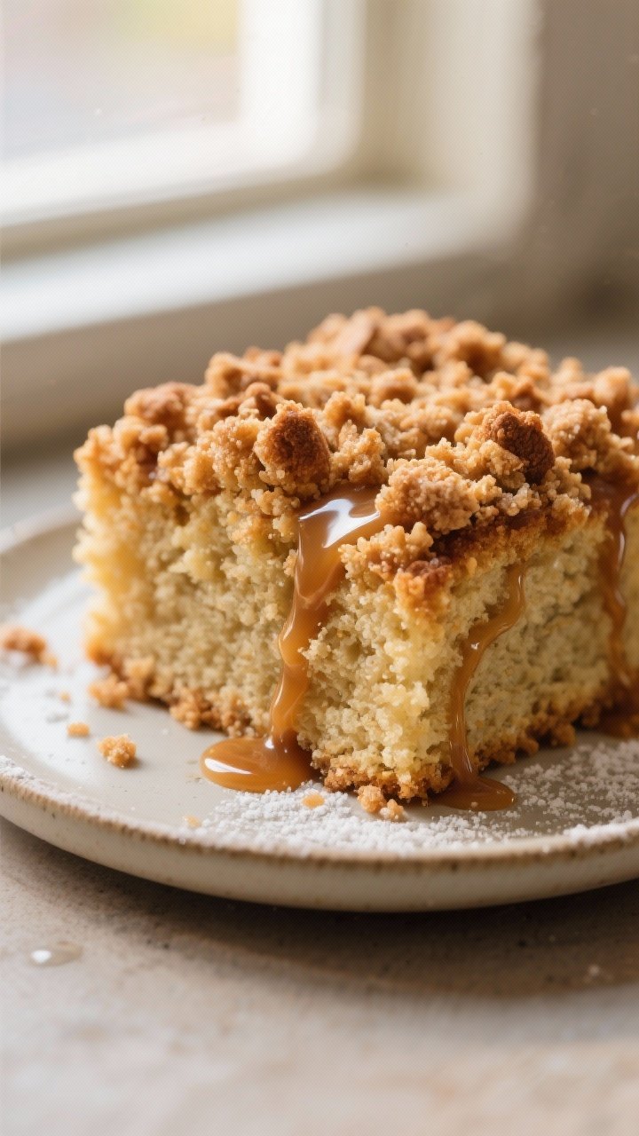 Close-up detail shot of a freshly baked Green Mountain Crumb Cake slice, showing thick, golden-brown
