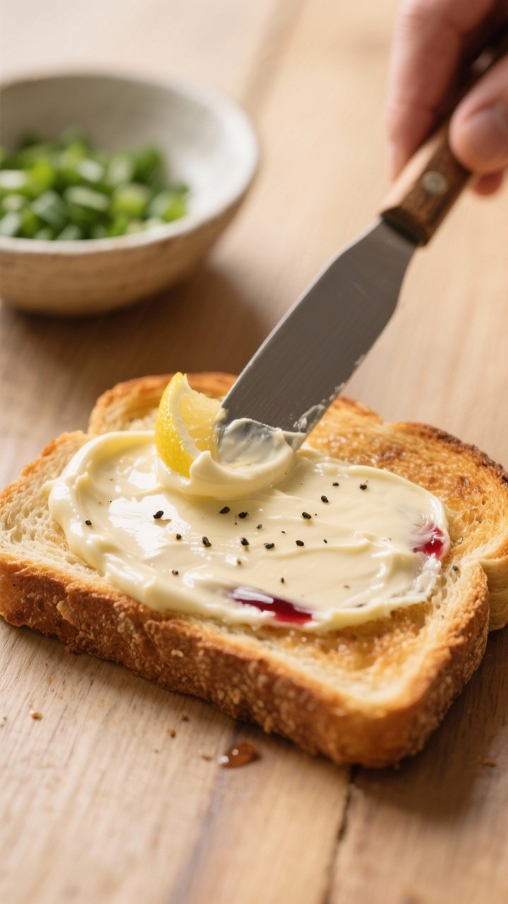 Close-up detail shot of a toasted sourdough slice being spread with the creamy mayo-Dijon-lemon dres
