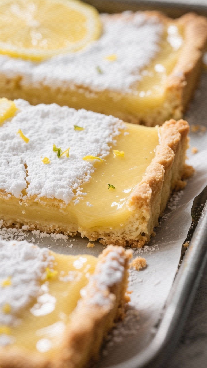 Close-up detail shot of freshly baked lemon pie bars just out of the pan, showing the lightly golden