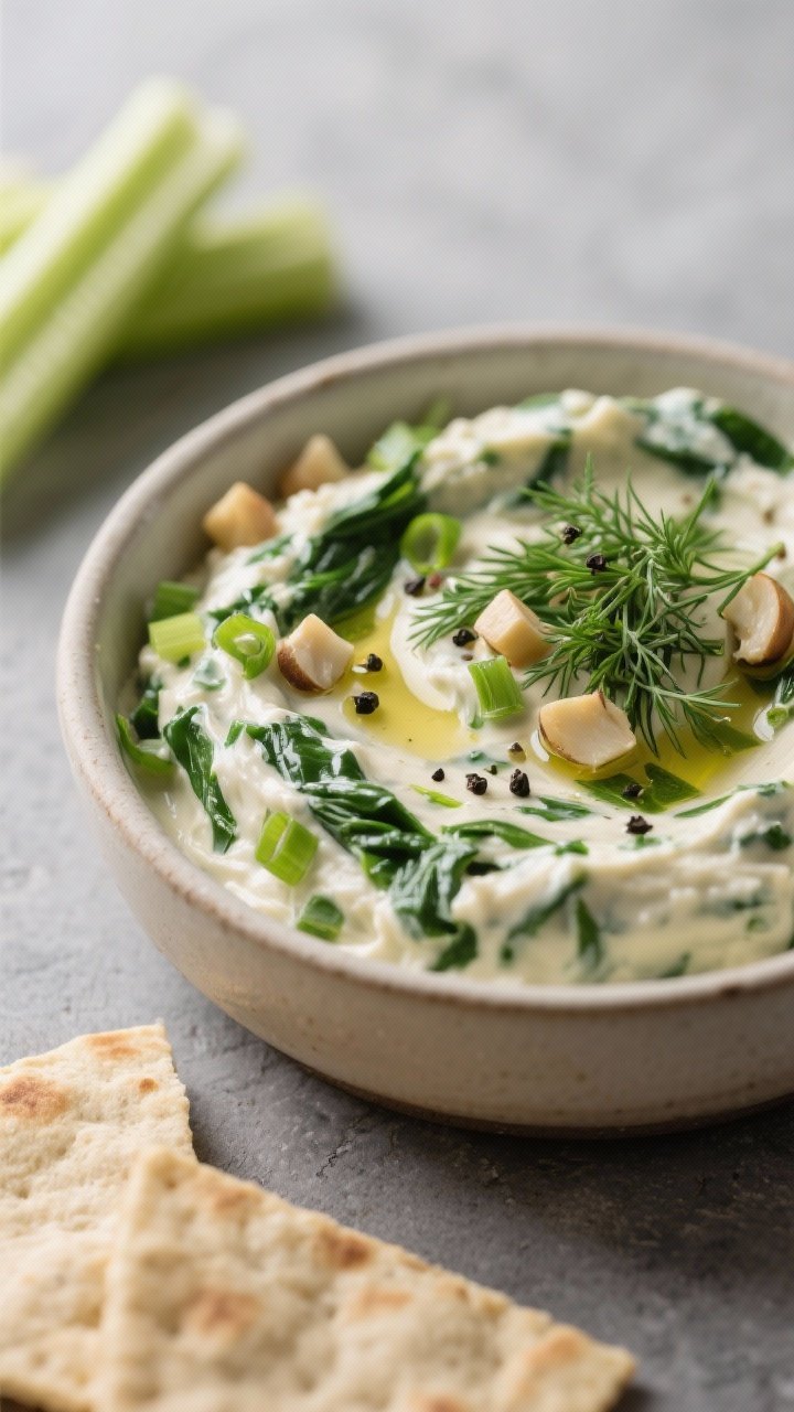 Close-up detail shot of the finished vegan spinach dip just after chilling: creamy, thick base with