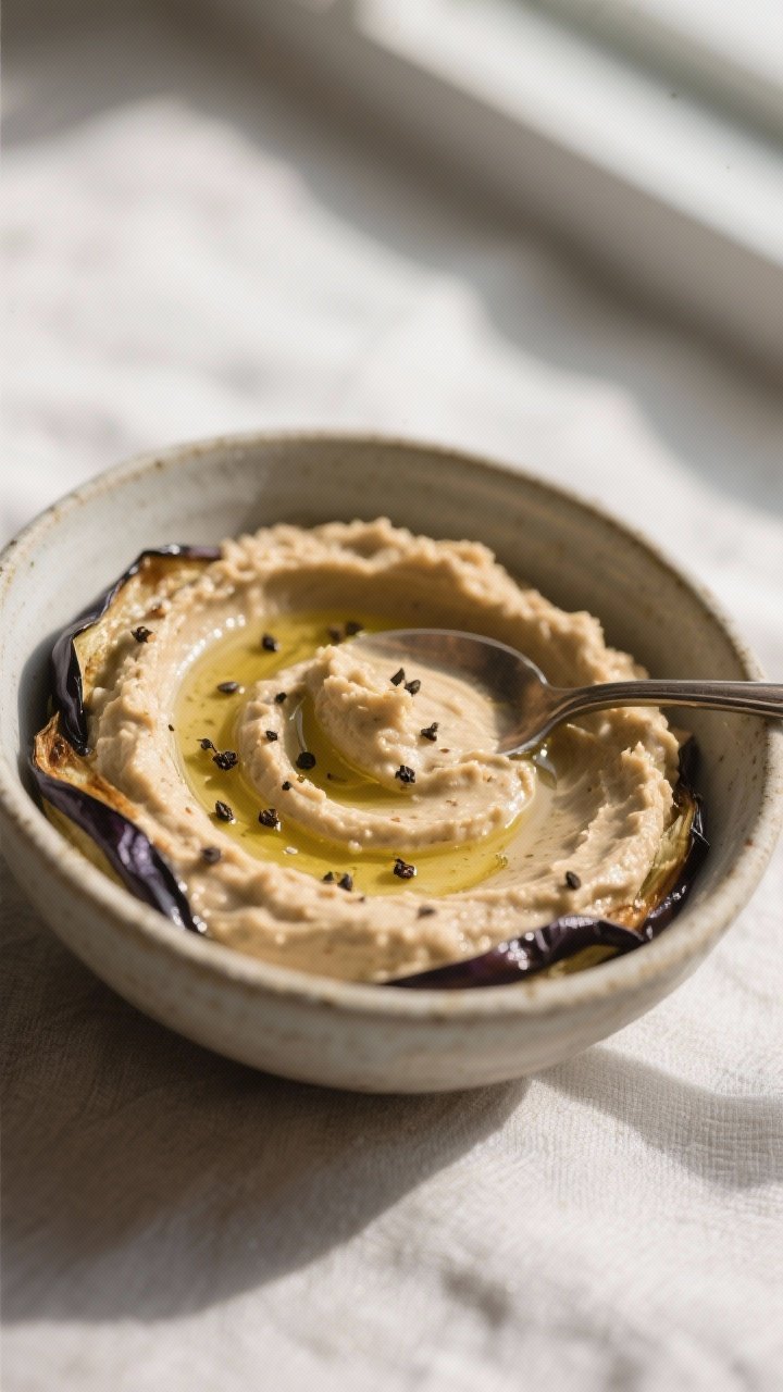 Close-up detail: Silky baba ganoush freshly mashed by hand in a shallow ceramic bowl, visible soft s