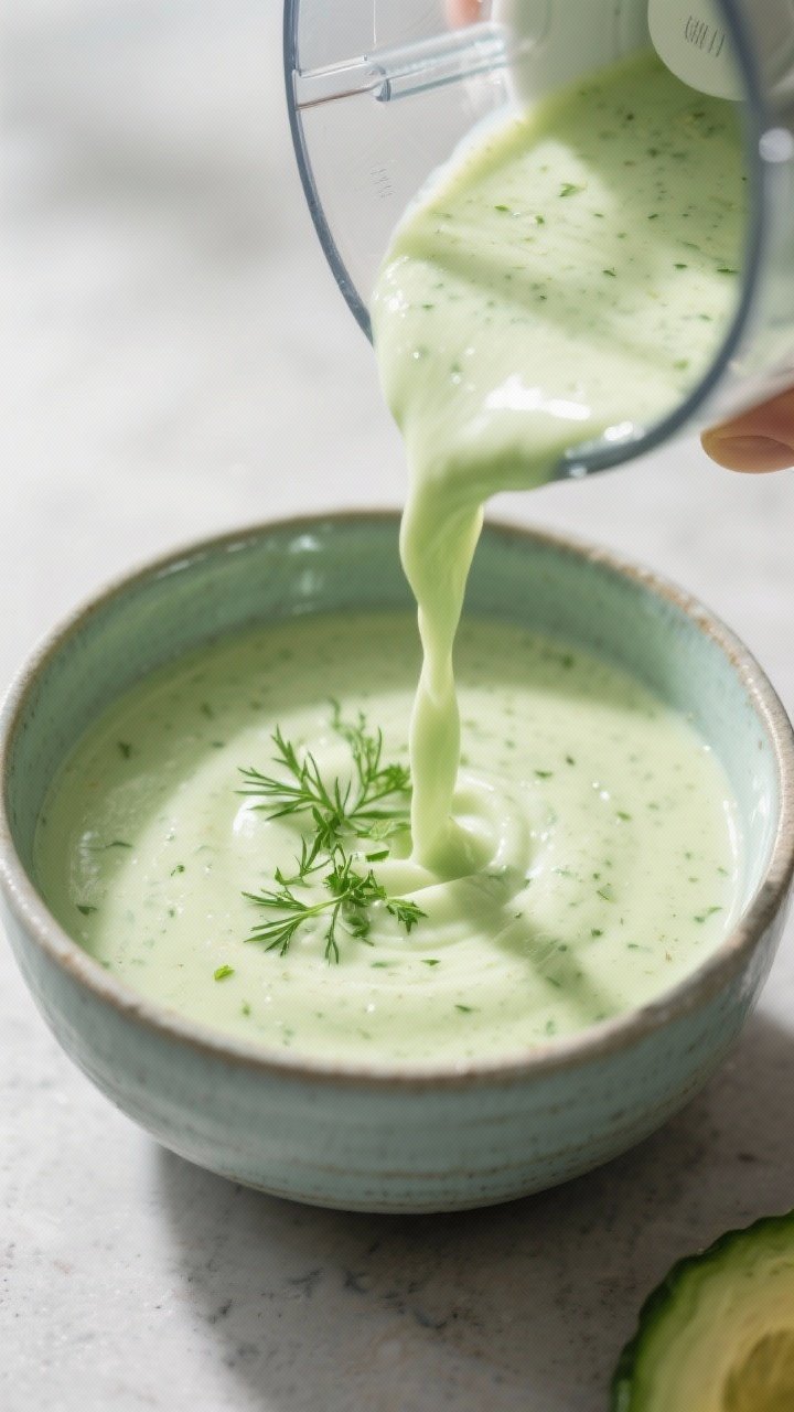Close-up detail: Silky chilled cucumber–avocado–buttermilk soup being poured from a blender into