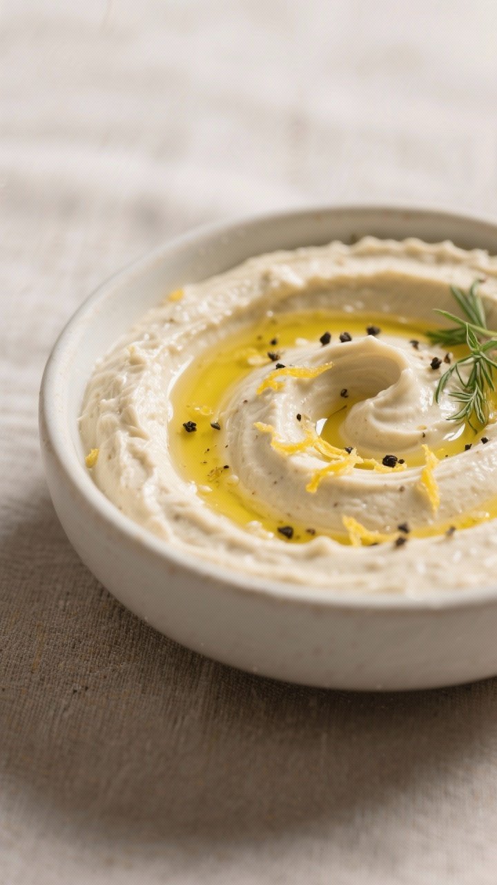 Close-up detail: Silky white bean dip freshly blended and swirled into a low bowl, glossy drizzle of