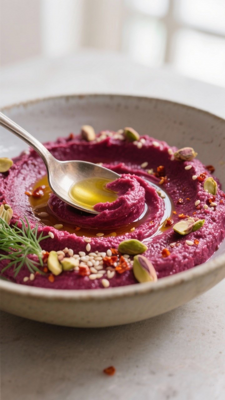 Close-up detail: Spoon dragging a shallow swirl through glossy roasted beetroot and garlic hummus in