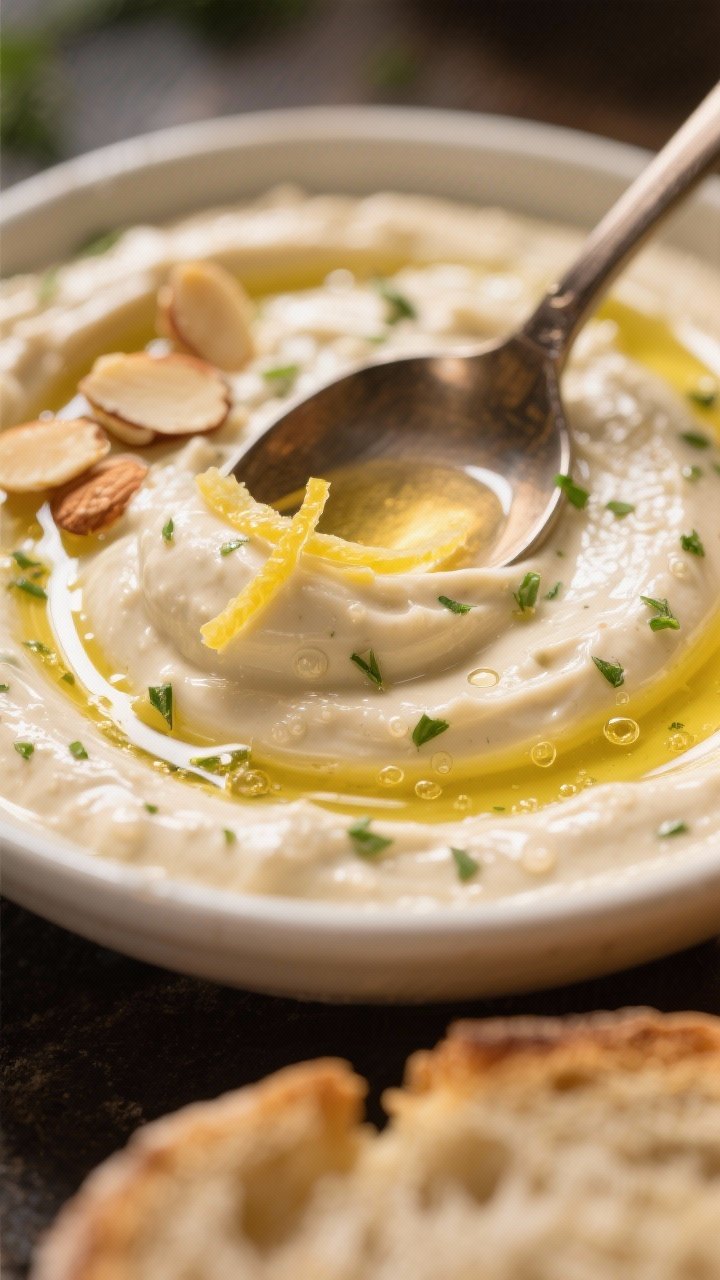 Close-up detail: Spoon dragging through the creamy dip to reveal ultra-smooth, glossy texture from c