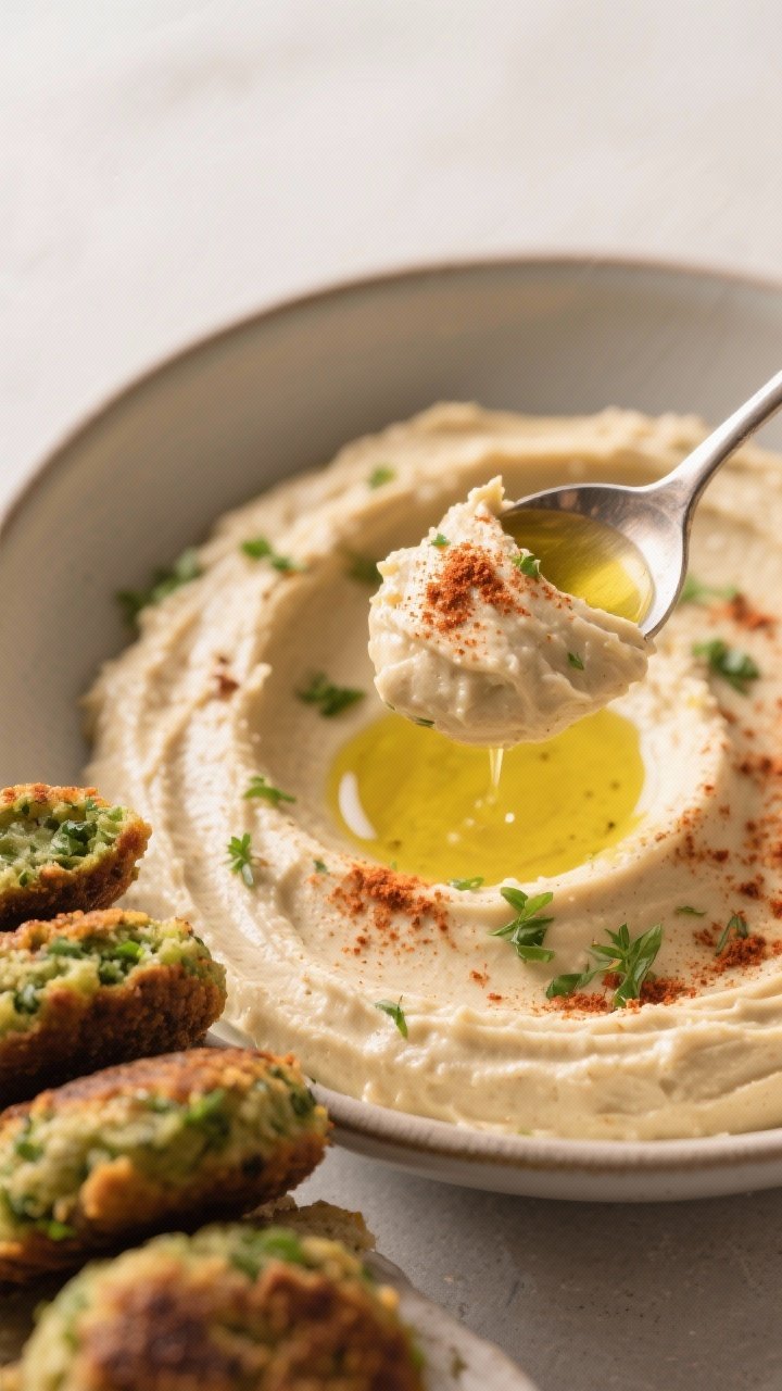 Close-up detail: Spoon swooping through ultra-creamy homemade hummus in a shallow bowl, topped with 