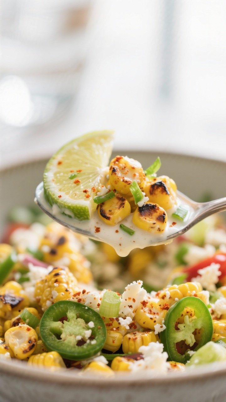 Close-up detail: Spoonful of Mexican Street Corn Salad lifted from a bowl, showing creamy lime dress