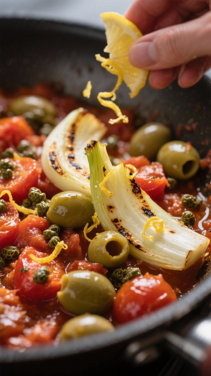 Close-up detail — The moment of combining: glossy, char-marked fennel wedges being gently folded i