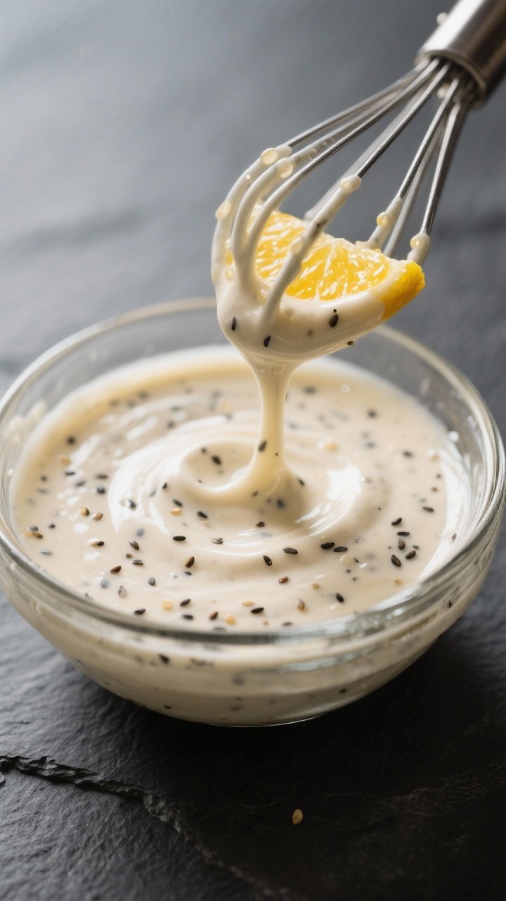 Close-up detail: Thick, creamy poppyseed dressing being whisked to a silky sheen in a small glass bo