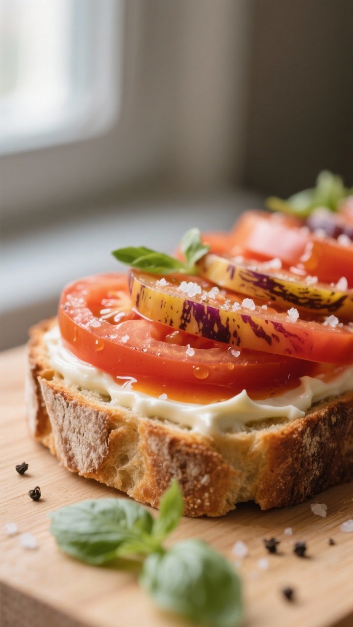 Close-up detail: Thick slices of salted heirloom tomato layered onto lightly toasted sourdough alrea