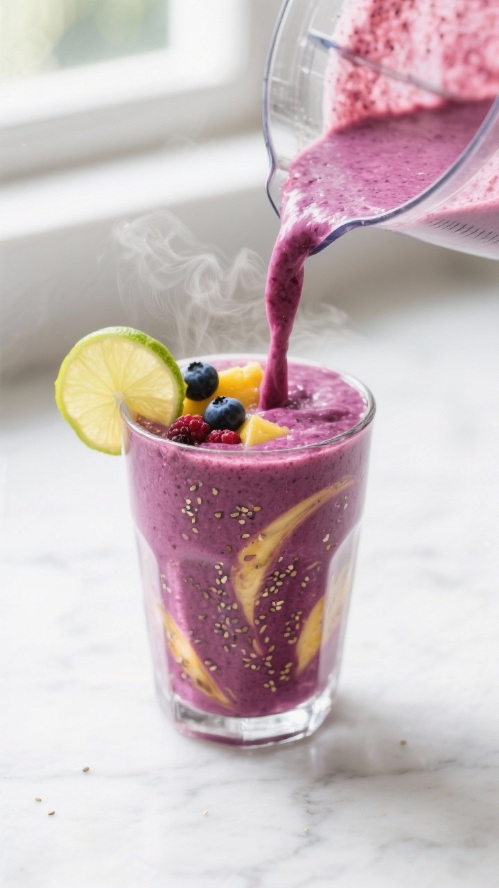Close-up detail: Thick, velvety Tropical Berry Smoothie being poured from a blender into a chilled c