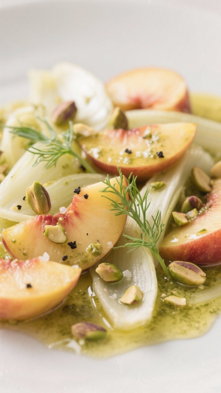 Close-up detail: Thinly sliced fennel and peach wedges gently tossed with glossy lemony pesto dressi