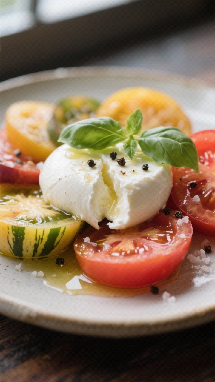 Close-up detail: Torn buffalo mozzarella nestled against thick-sliced, ripe heirloom tomato rounds i