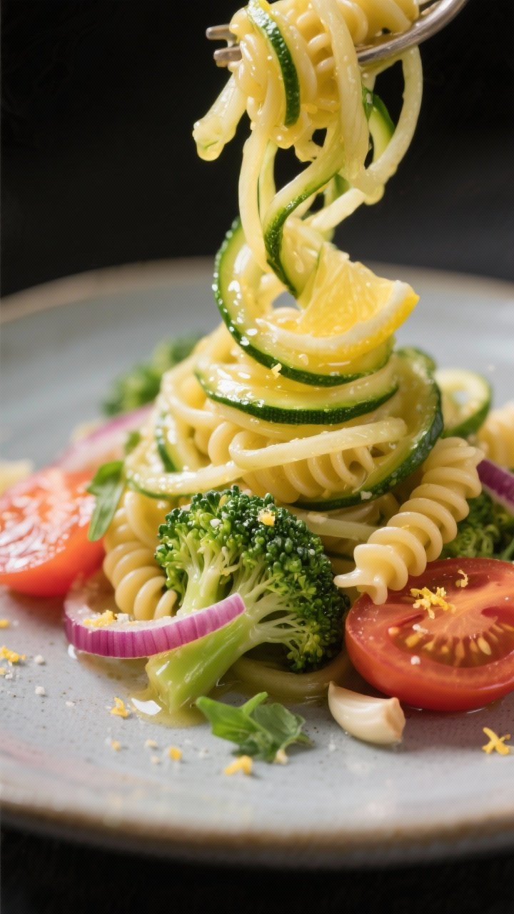 Close-up detail: Twirl of pasta and zucchini noodles lifted onto a plate, showing glossy lemon-olive