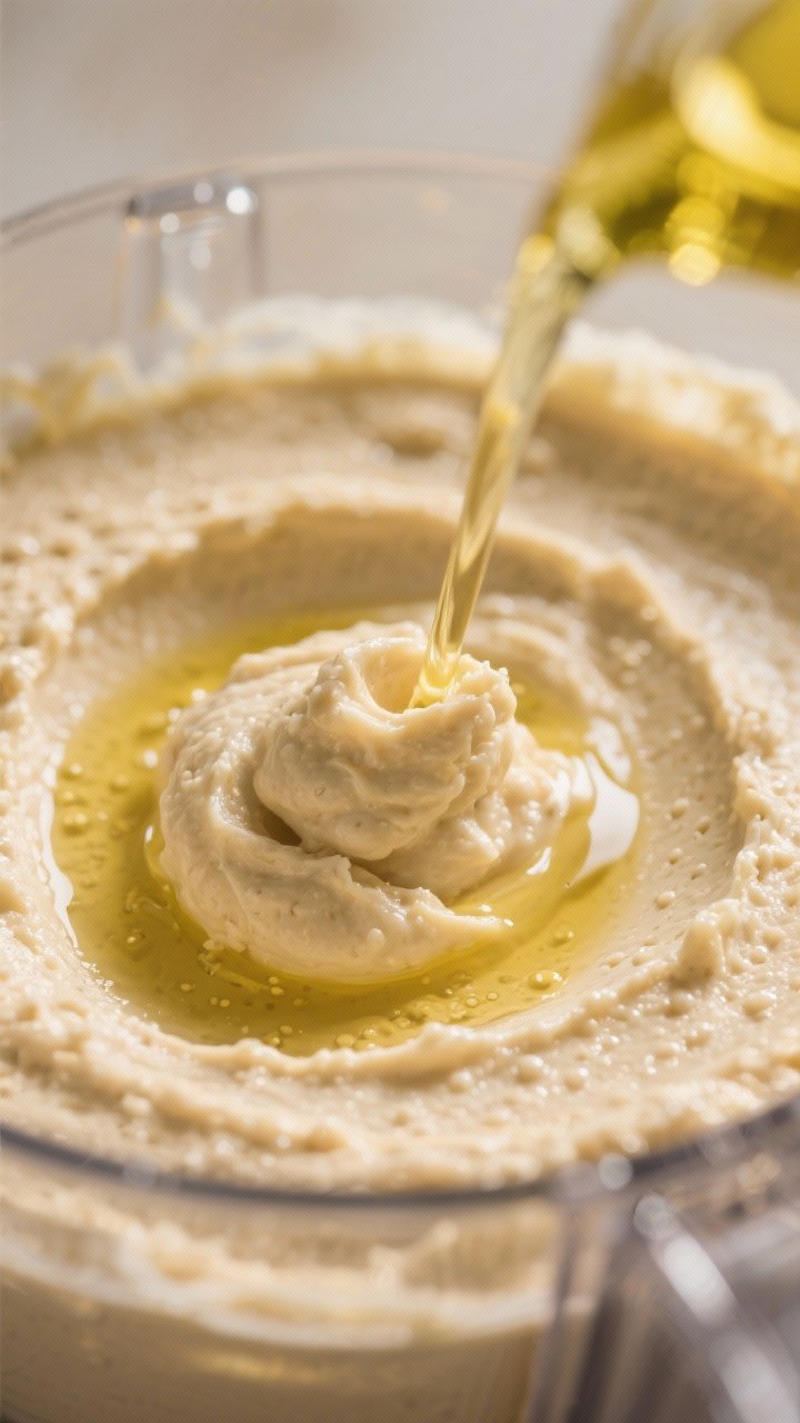 Close-up detail: Ultra-creamy hummus mid-blend in a glass food processor bowl, showing the whipped t