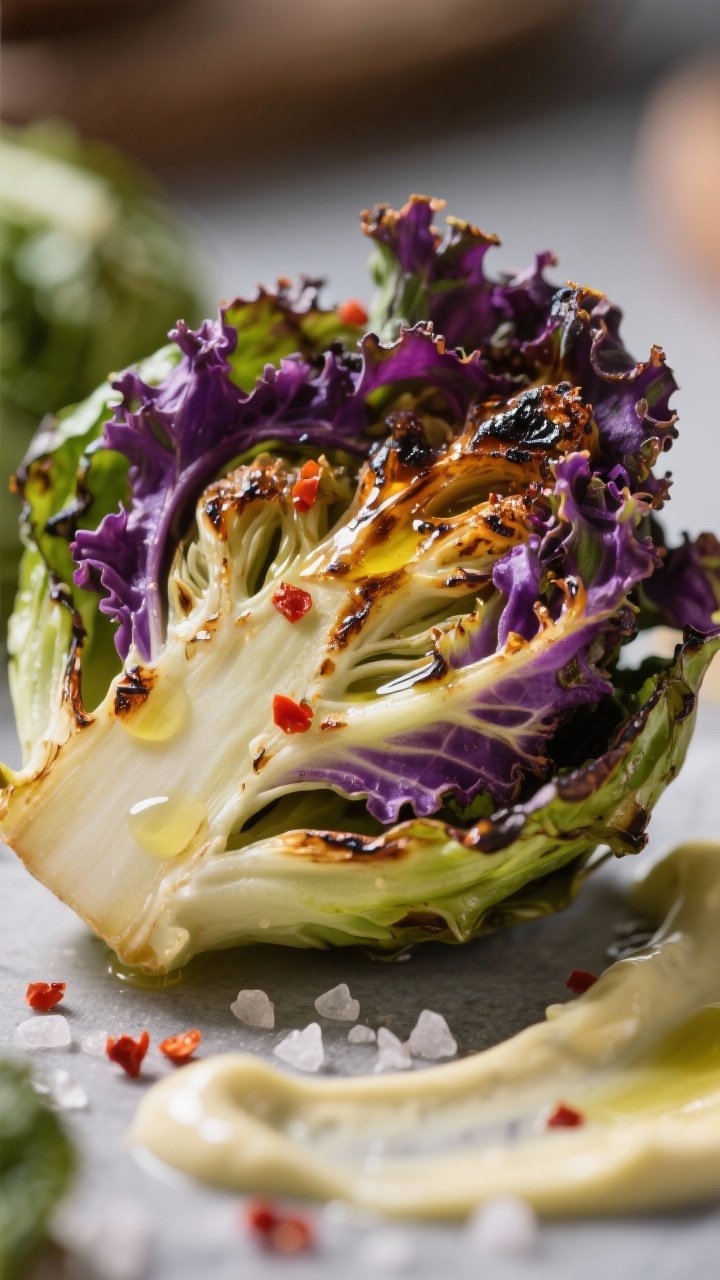 Close-up detail: Ultra-tight macro of a kalette (flower sprout) cut-side down and charred, showing f