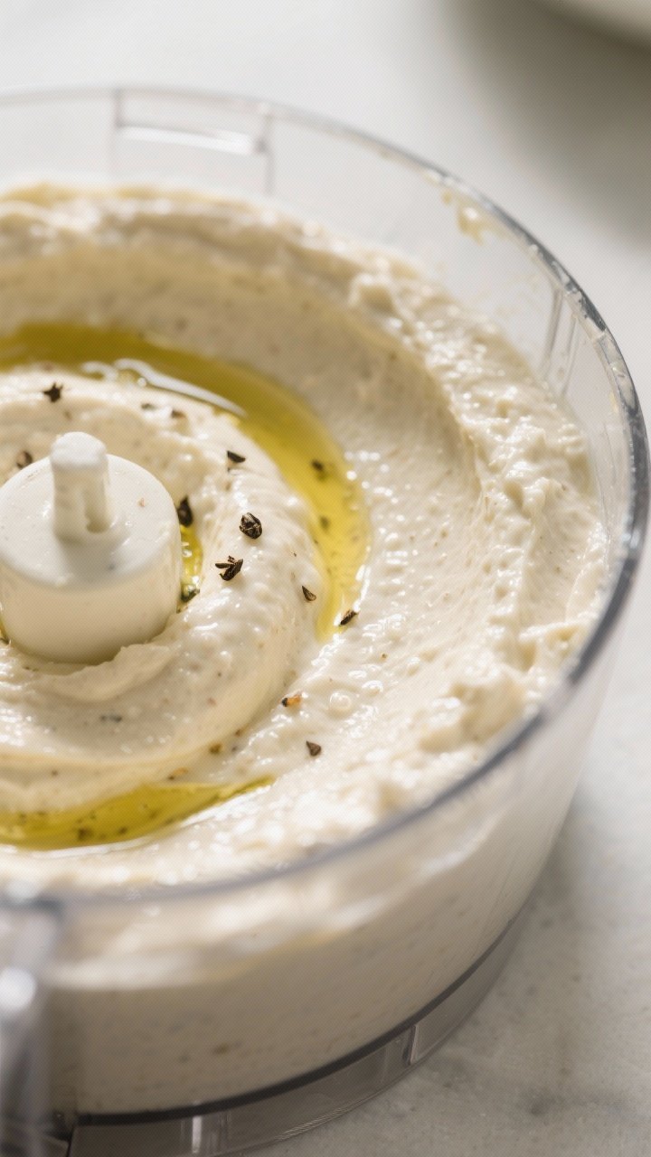 Close-up detail: Velvety white bean dip mid-blend in a glass food processor bowl, smooth and creamy