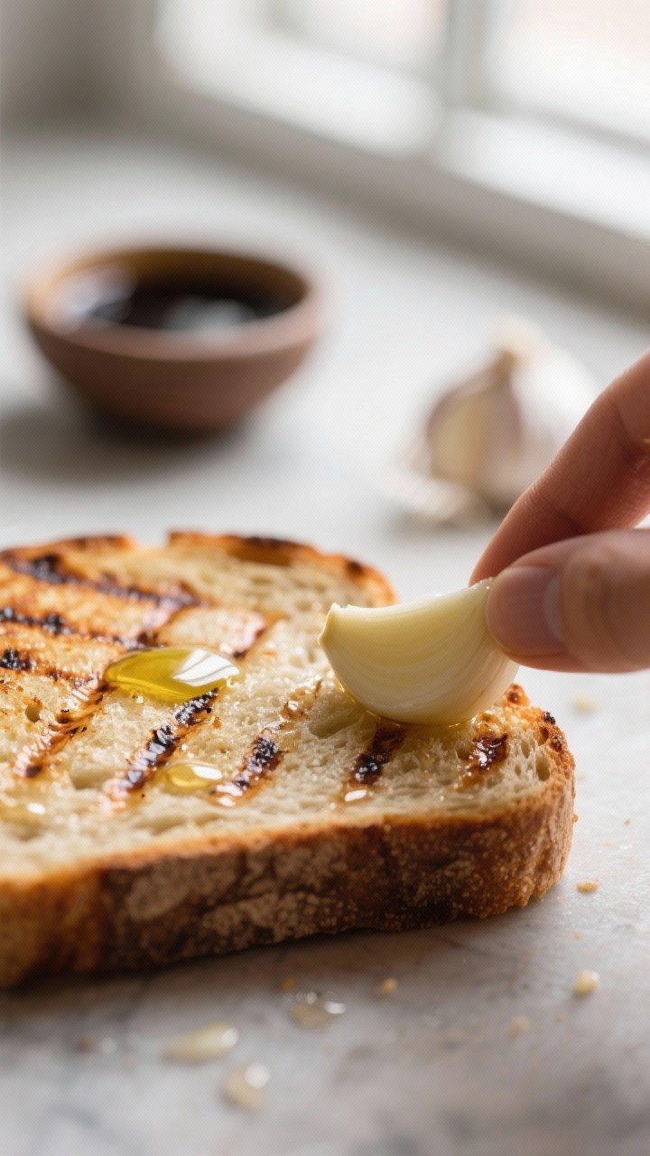 Close-up detail: Warm grilled toast being rubbed with a cut garlic clove, extreme close-up on the ro