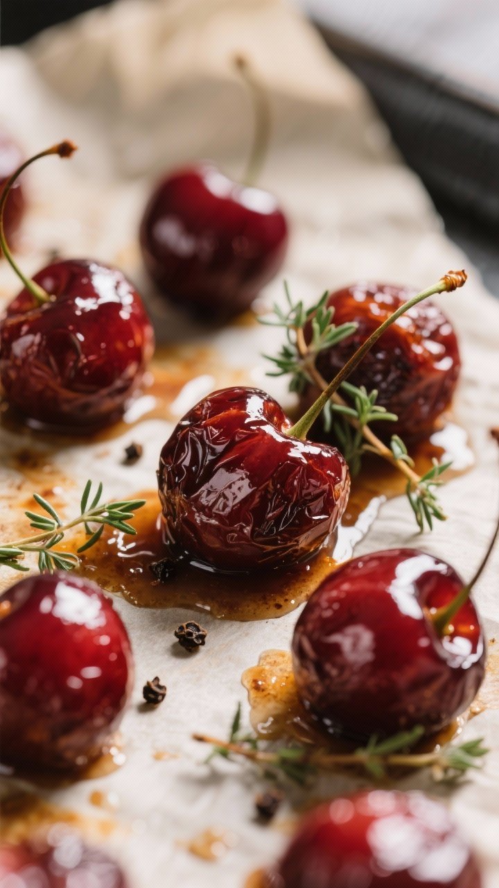 Close-up detail: Warm roasted cherries just out of the oven, glossy and jammy with thickened juices 