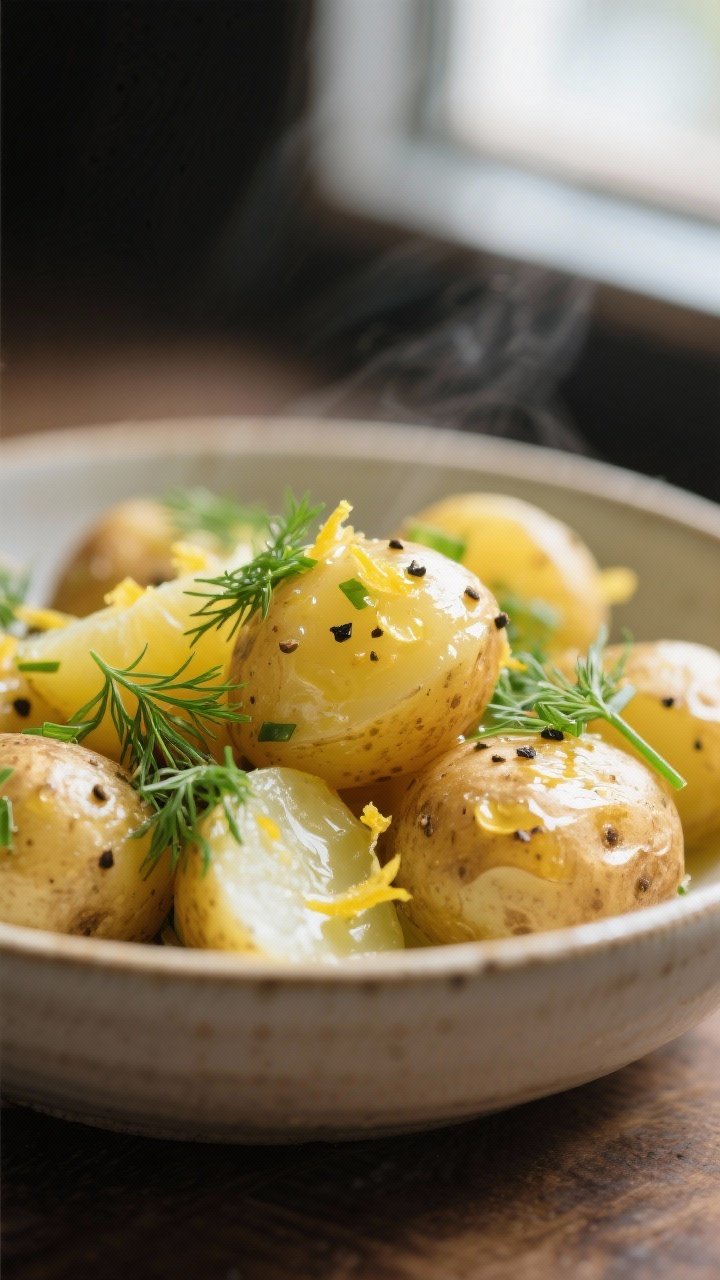 Close-up detail: Warm, steam-dried waxy potatoes just tossed with lemon vinaigrette, glistening with