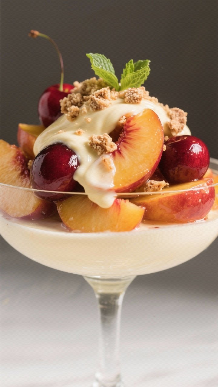 Close-up detail: Warm zabaglione cascading over a mound of macerated stone fruit (peach and nectarin