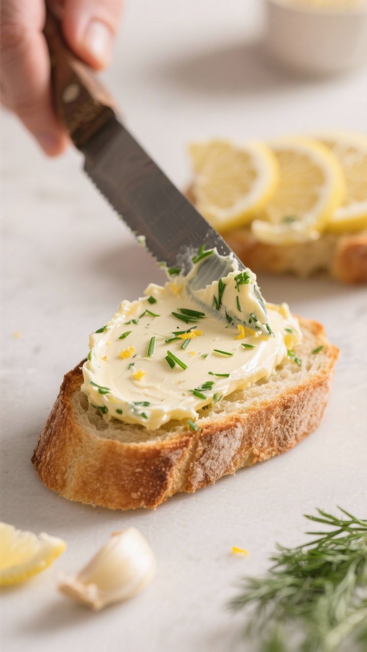 Cooking process: A baker’s knife spreading silky herb butter (butter infused with chives, parsley,