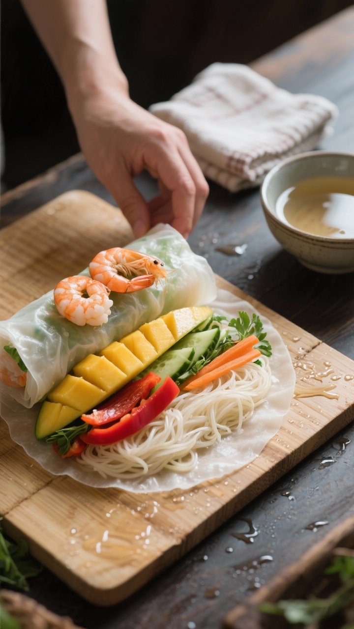 Cooking process: A tidy rolling station setup showing a softened rice paper wrapper on a damp bamboo