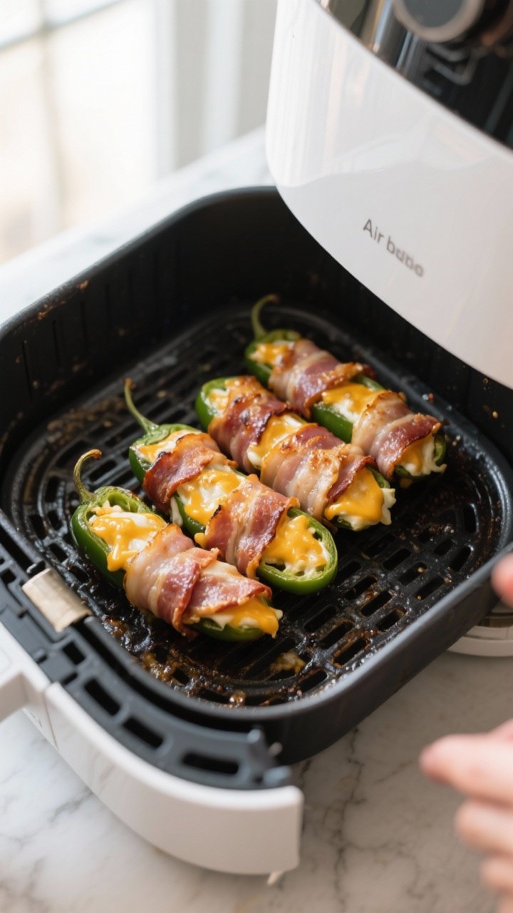 Cooking process: Air fryer basket with a single, neatly spaced layer of bacon-wrapped stuffed jalape