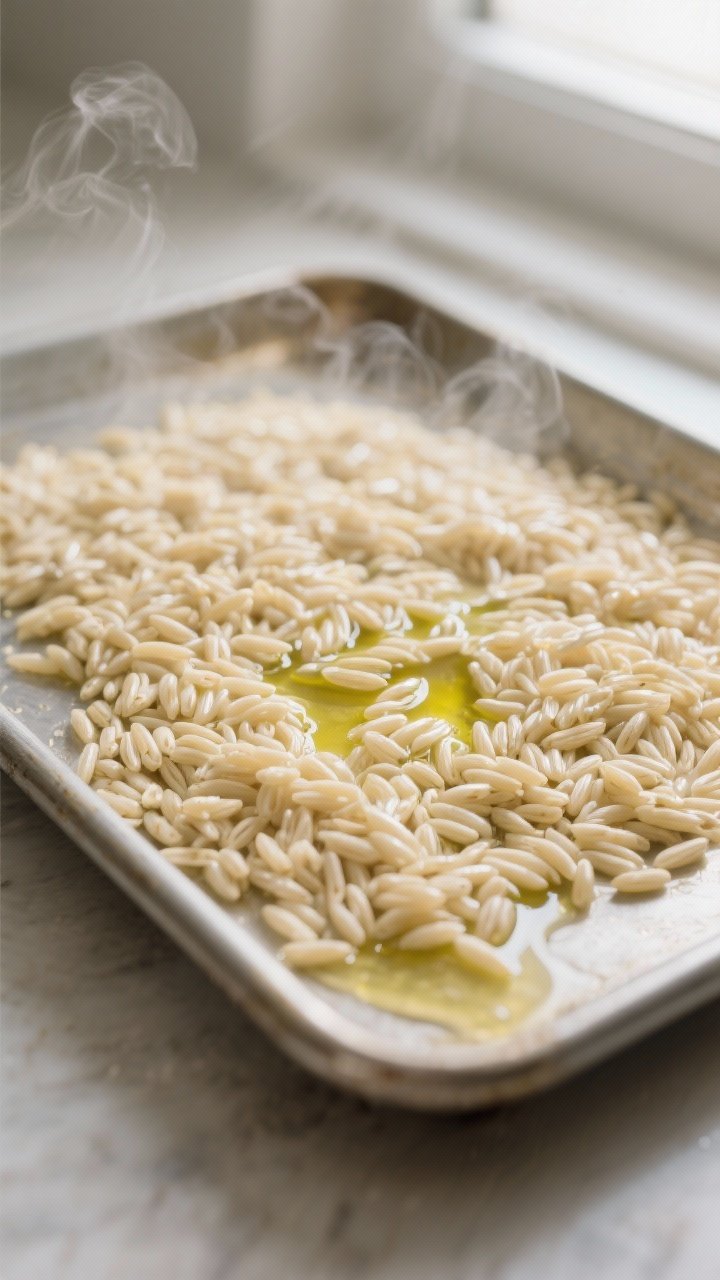 Cooking process: Al dente orzo just drained and spread on a rimmed baking sheet, steam gently rising