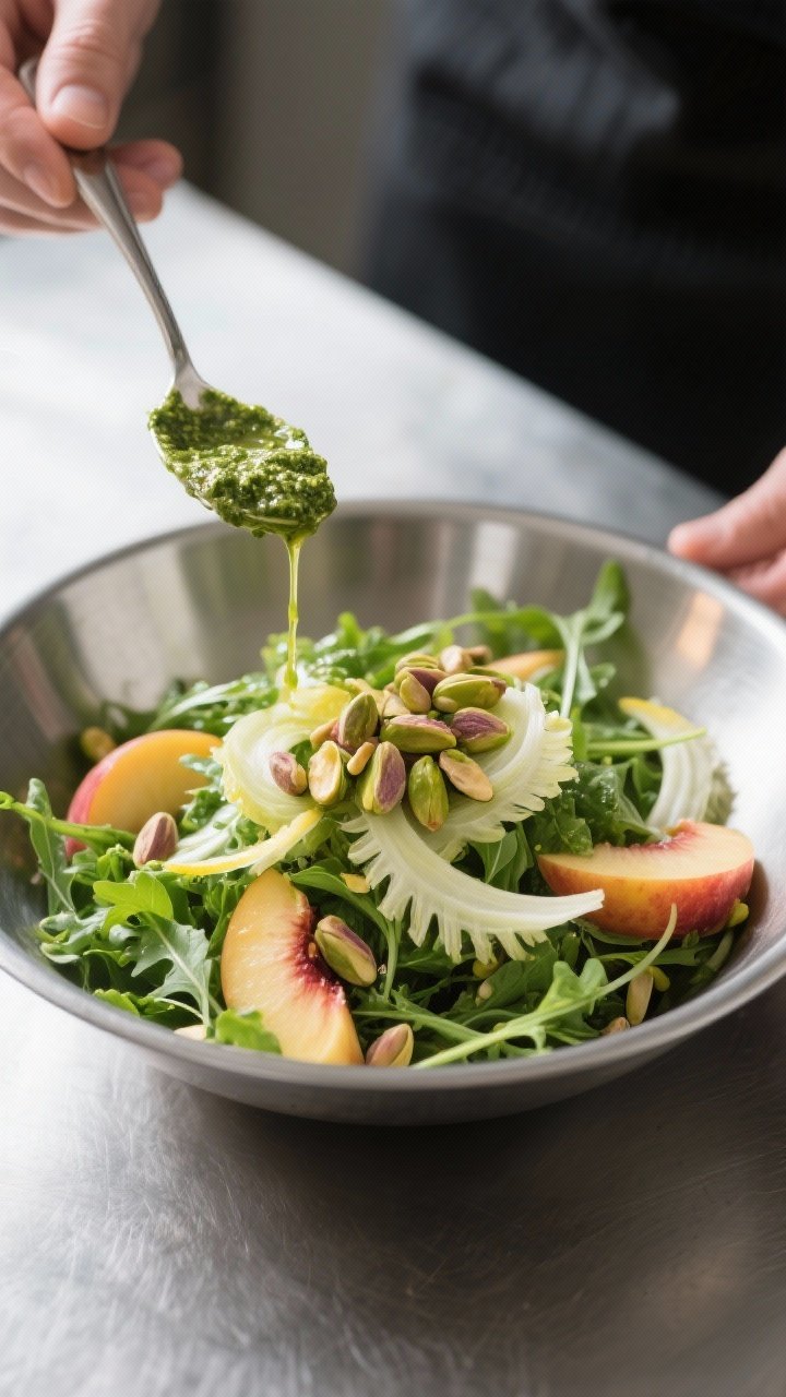 Cooking process: Assembling the salad base in a wide stainless bowl—baby arugula lightly coated wi