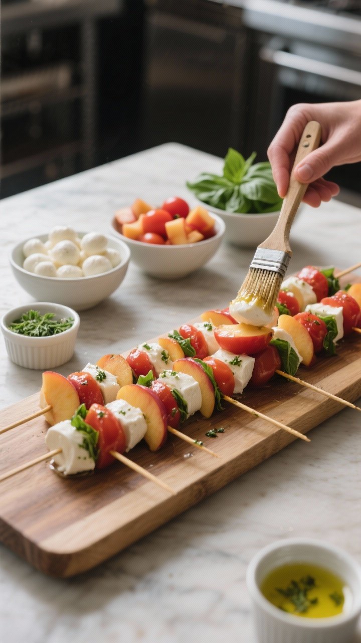 Cooking process: Assembly scene showing a half-completed row of caprese skewers on a board, with fin