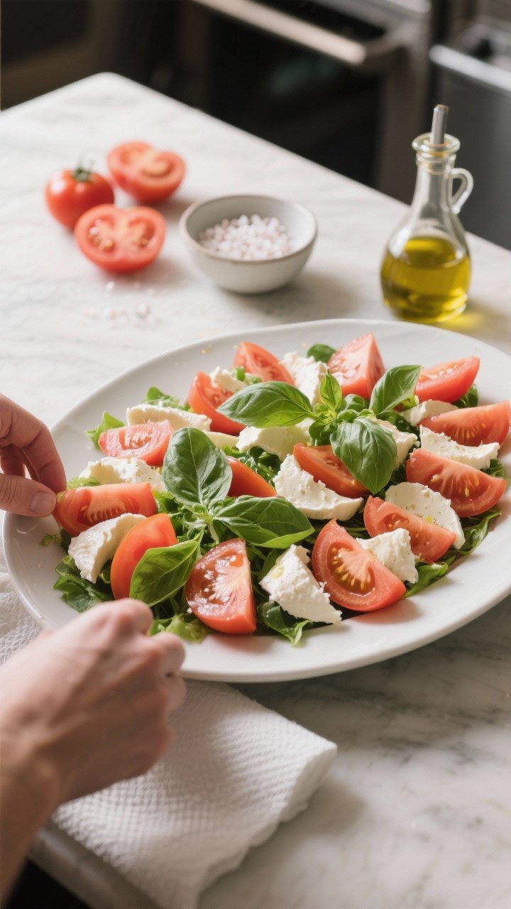 Cooking process/assembly: The salad being arranged on a large platter—spaced-out tomato wedges and
