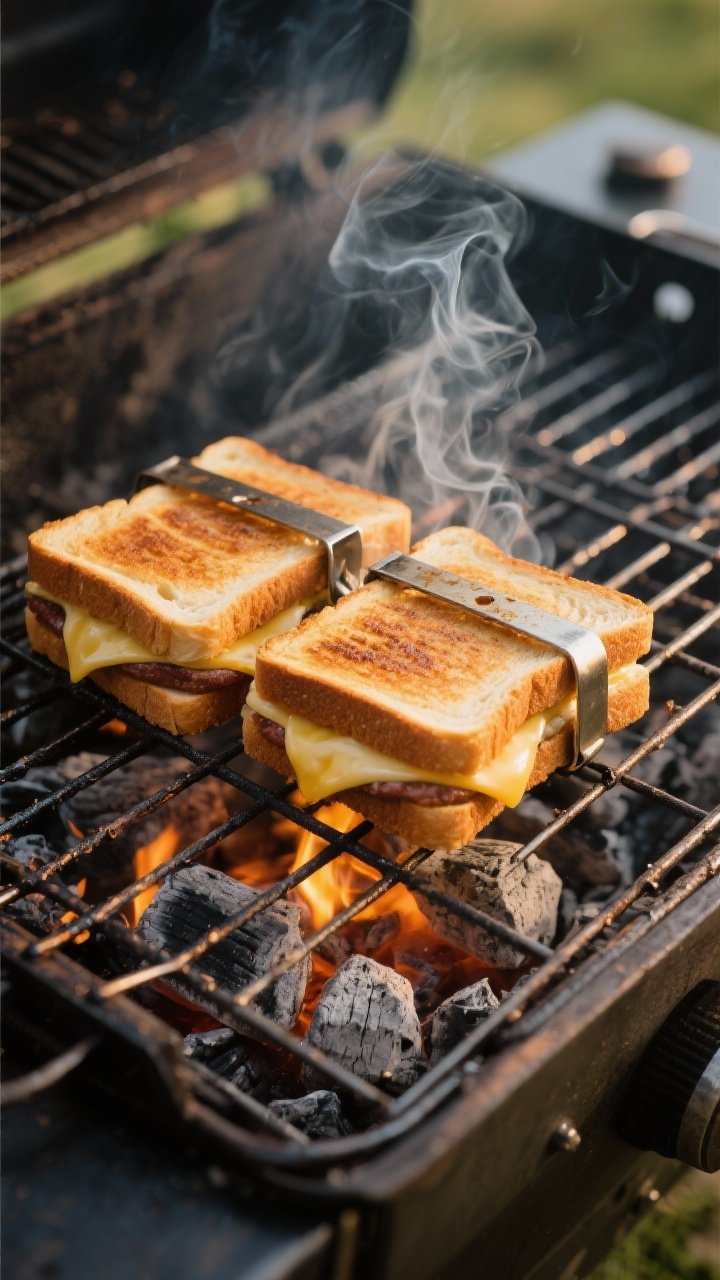 Cooking process: Braaibroodjies secured in a hinged braai grid over medium, glowing coals—bread fa
