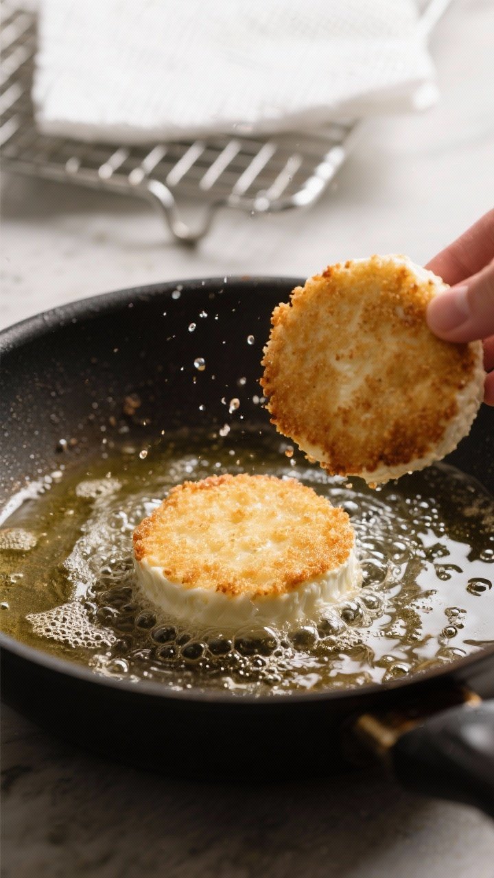 Cooking process: Breaded goat cheese medallions frying in a shallow layer of neutral oil in a skille