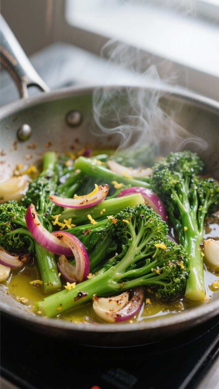 Cooking process: Bright green broccoli rabe just blanched and then sautéed with thinly sliced red o