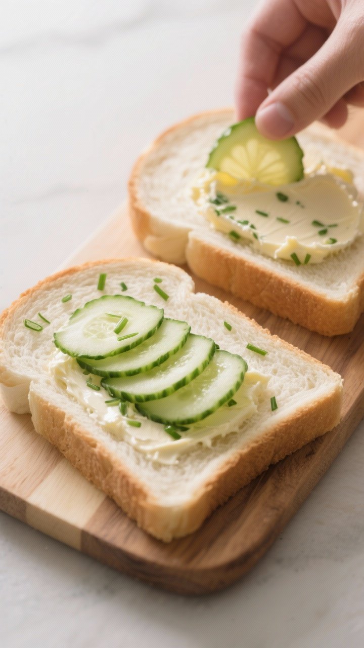 Cooking process: Buttering stage in progress—two slices of soft white sandwich bread on a board, e