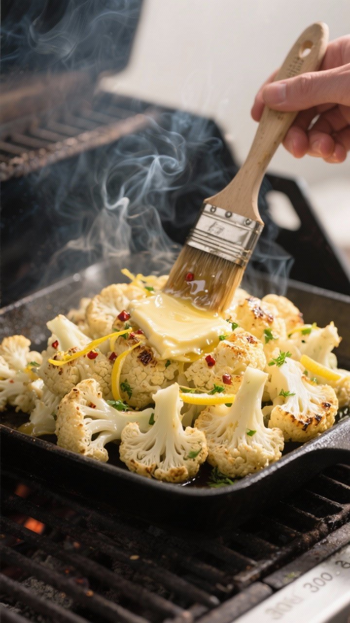 Cooking process: Cauliflower being basted in the last 20–25 minutes—brush mid-stroke coating the