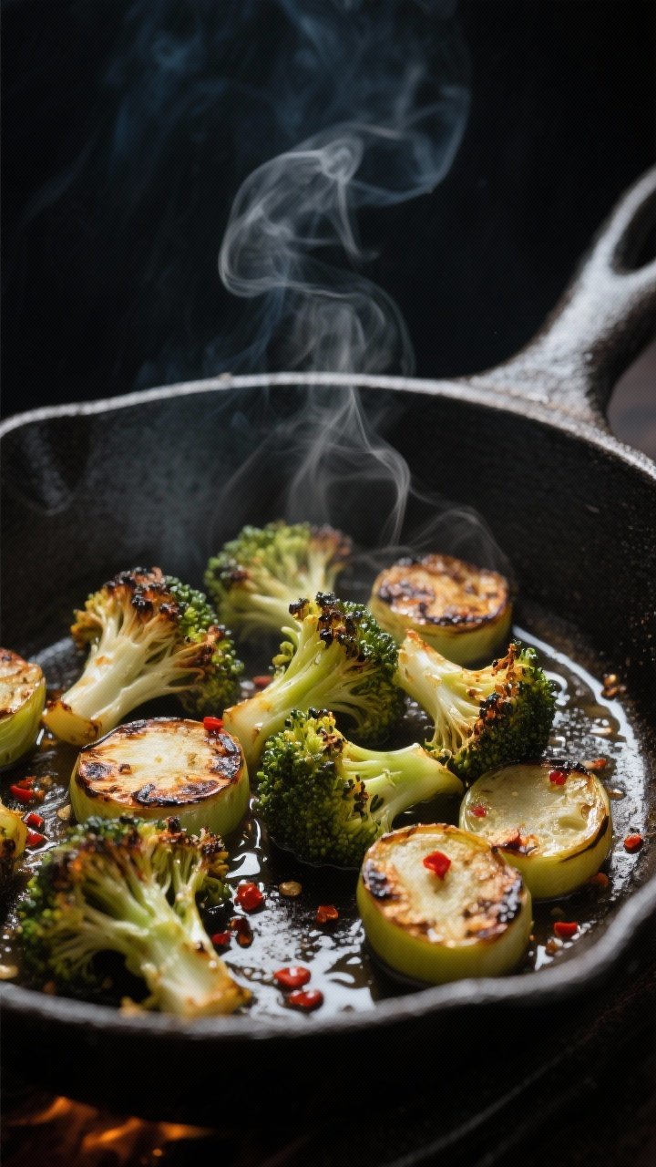 Cooking process: Charred broccoli florets and sliced stem coins sizzling in a preheated cast-iron sk