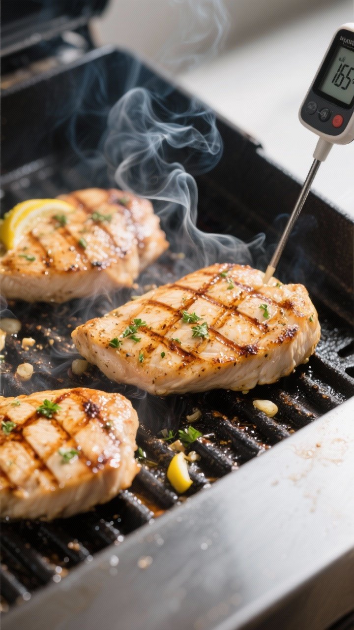 Cooking process: Chicken cutlets sizzling on a clean, oiled grill at medium-high heat, tight shot ca