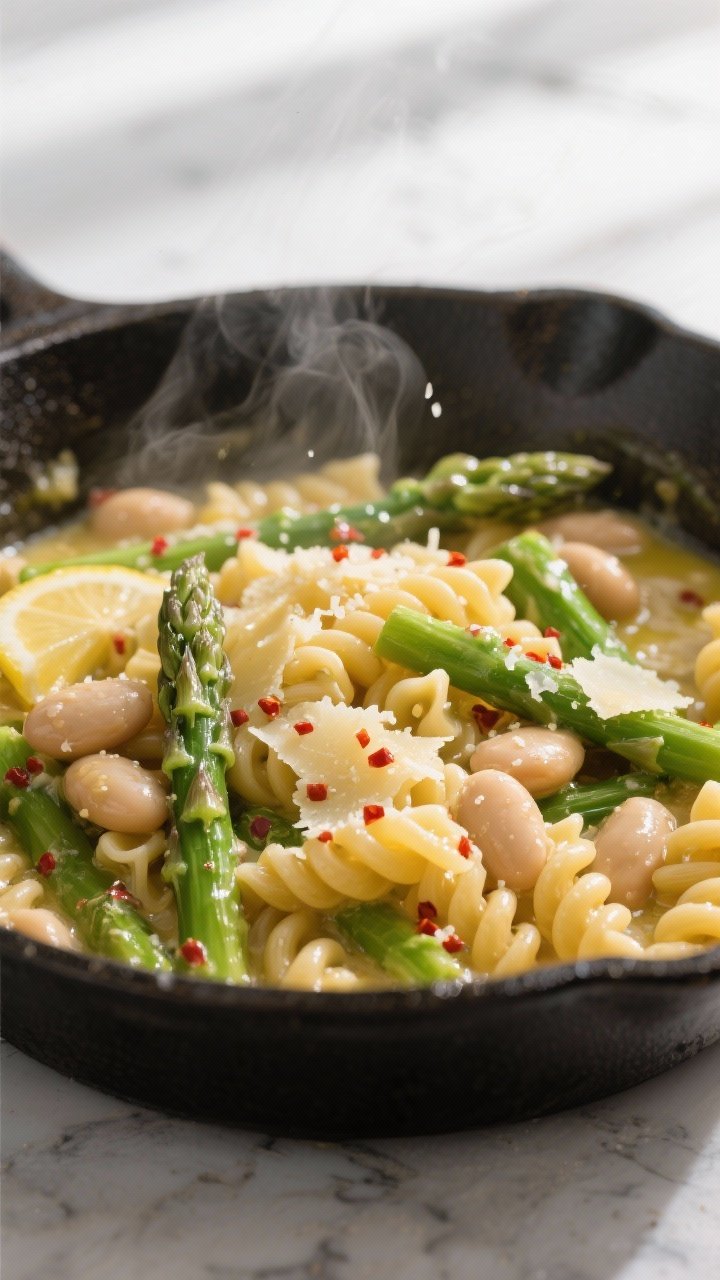 Cooking process, close-up: Cavatappi being tossed in a skillet with glossy lemon-butter-olive oil sa