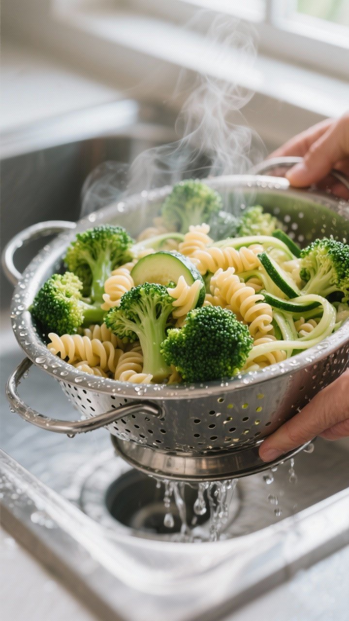 Cooking process close-up: Crisp-tender broccoli and al dente fusilli being drained together in a col