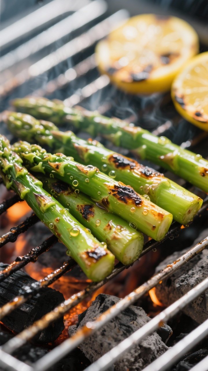 Cooking process, close-up detail: Close-up of asparagus spears sizzling over glowing charcoal on a c