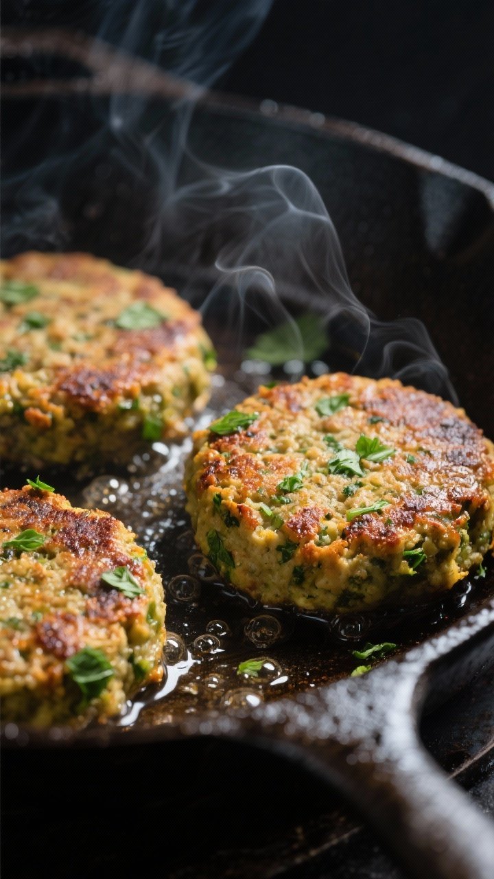 Cooking process close-up: Falafel burger patties sizzling in a cast-iron skillet, 1/2-inch thick pat