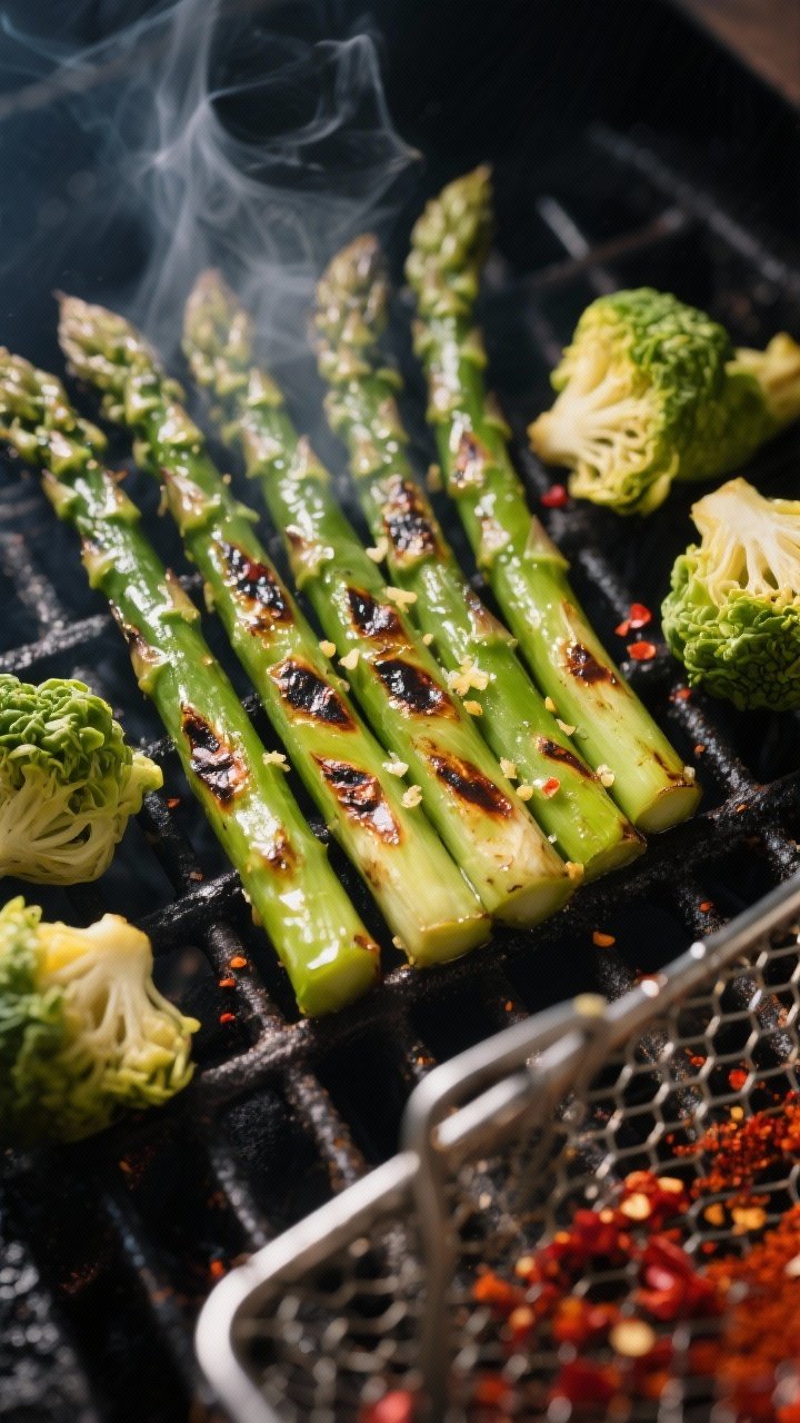 Cooking process close-up: Grilled asparagus spears aligned perpendicular to hot grill grates, crisp-