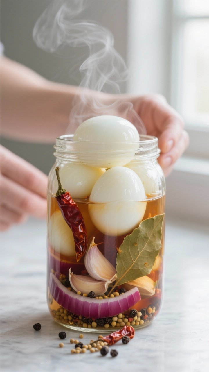 Cooking process close-up: Just-peeled hard-boiled eggs with perfectly smooth whites being nestled in