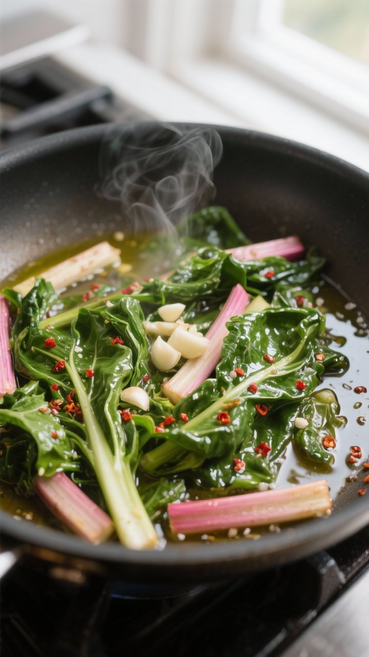 Cooking process close-up: Sautéed Swiss chard stems and wilted chard leaves glistening in olive oil