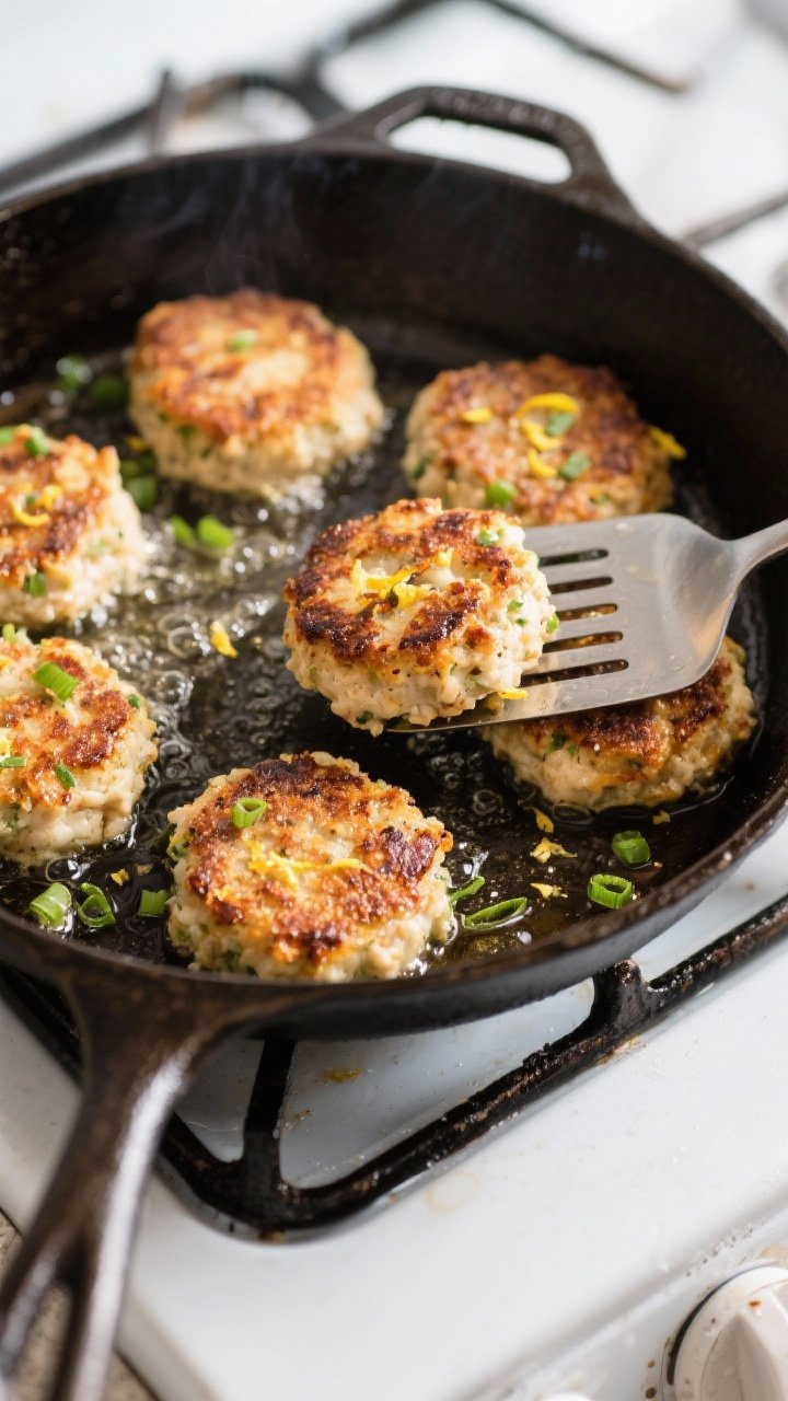 Cooking process: Crab cakes sizzling in a cast-iron skillet, medium to medium-high heat; several pat